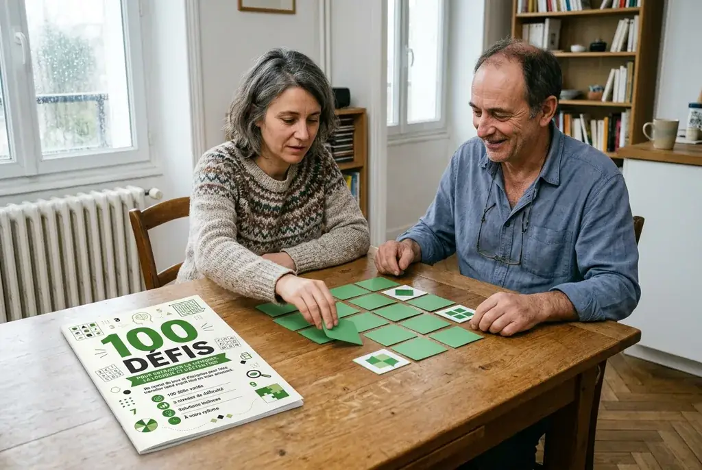 Deux adultes jouant aux 100 Défis à la maison