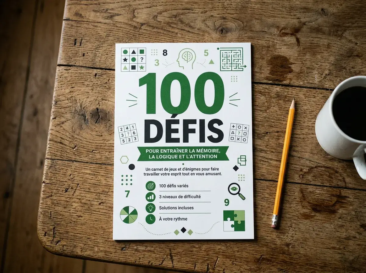 Folio A4 imprimé des 100 Défis posé sur une table en bois